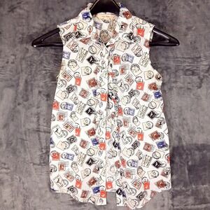 Brooks Brothers Shirt Womens 2 White Postal Stamp Print Sleeveless Ruffle Cotton